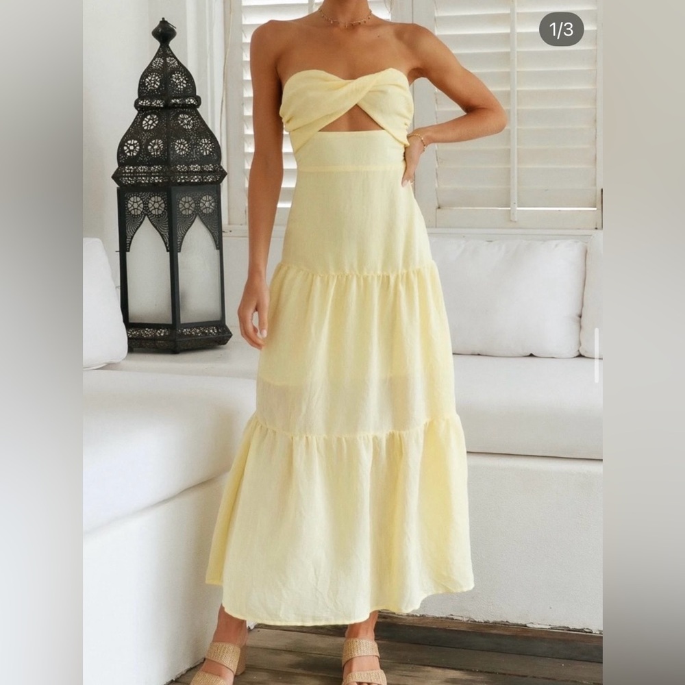 Strapless Yellow Maxi Dress with Twist Front